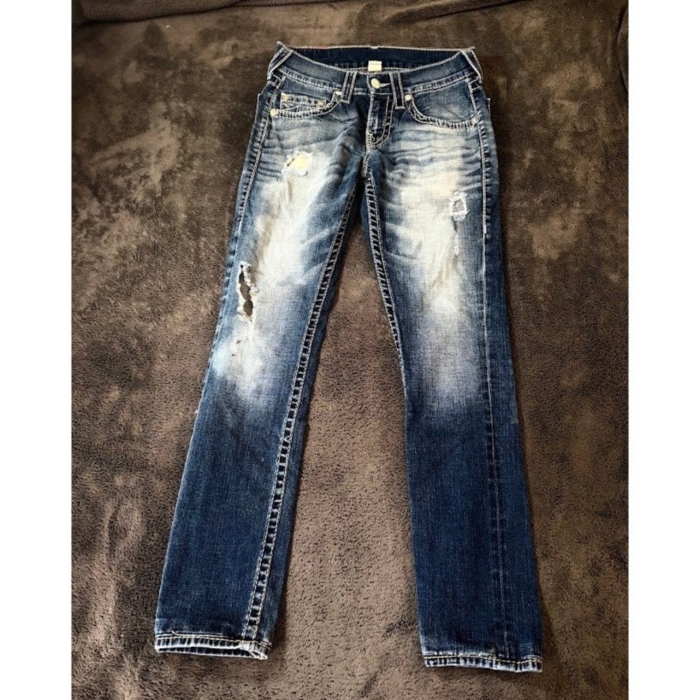 True Religion Skinny Distressed Blue Jeans 28X30 Contrast Stitch Low Rise